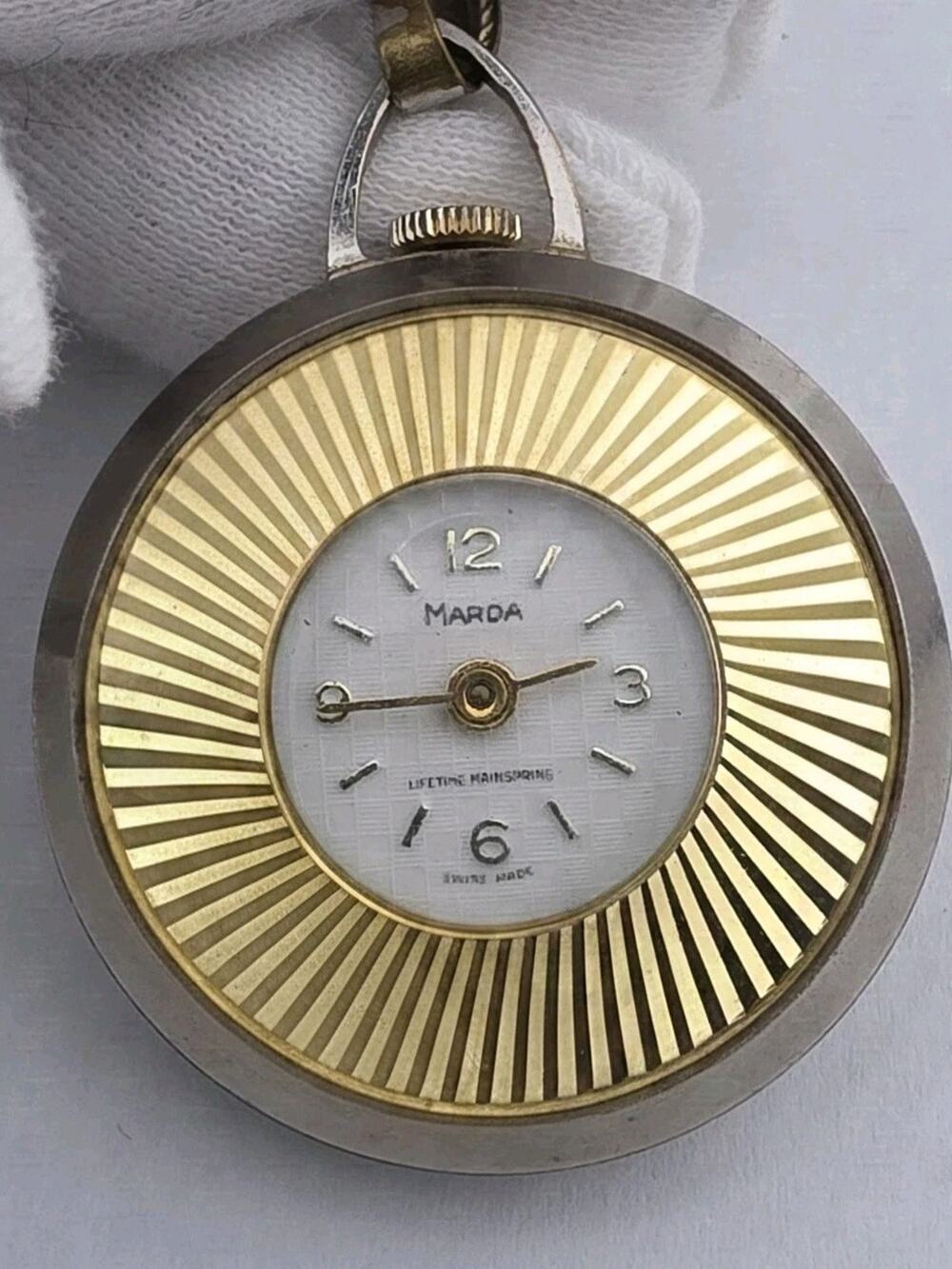 Vintage Ladies Swiss Marda Pocketwatch & Chain Lifetime Mainspring Runs Well